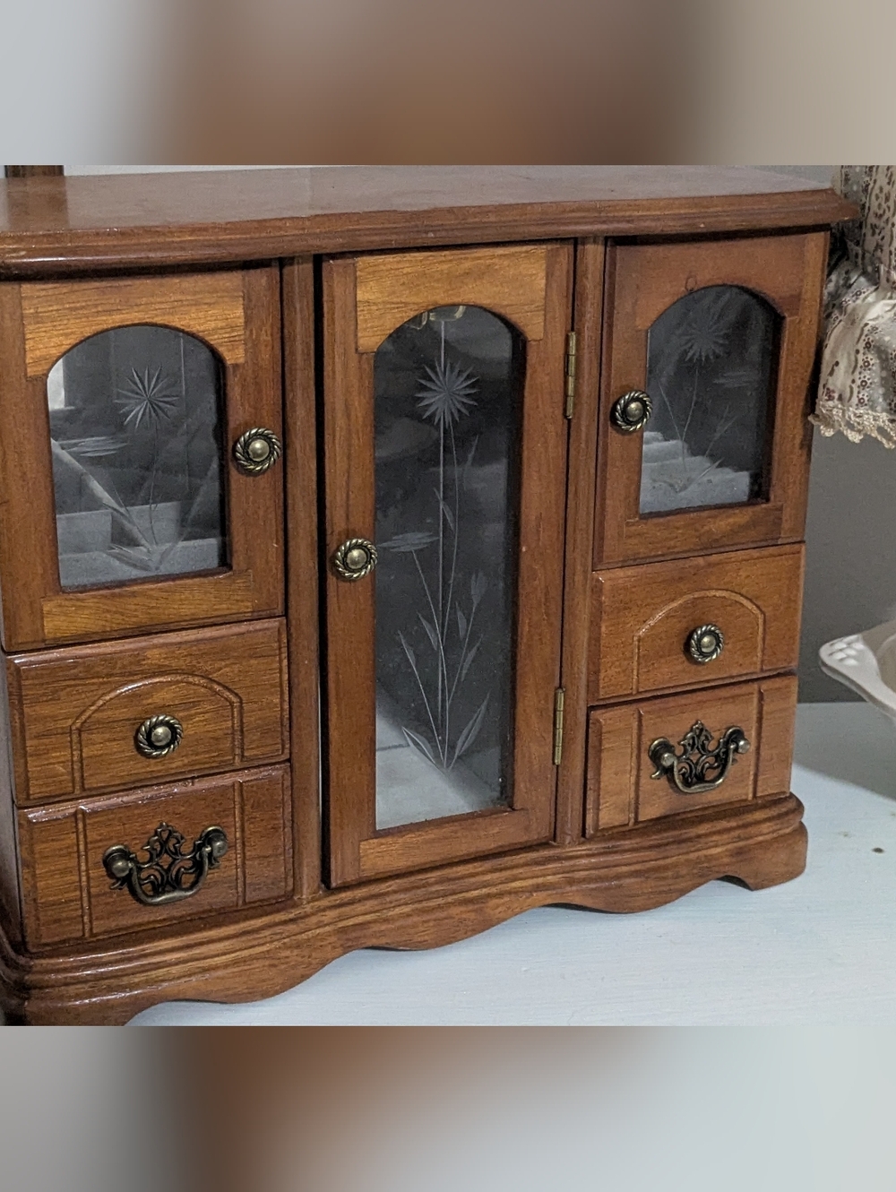 VINTAGE CARVED WOOD  JEWELRY ARMOIRE